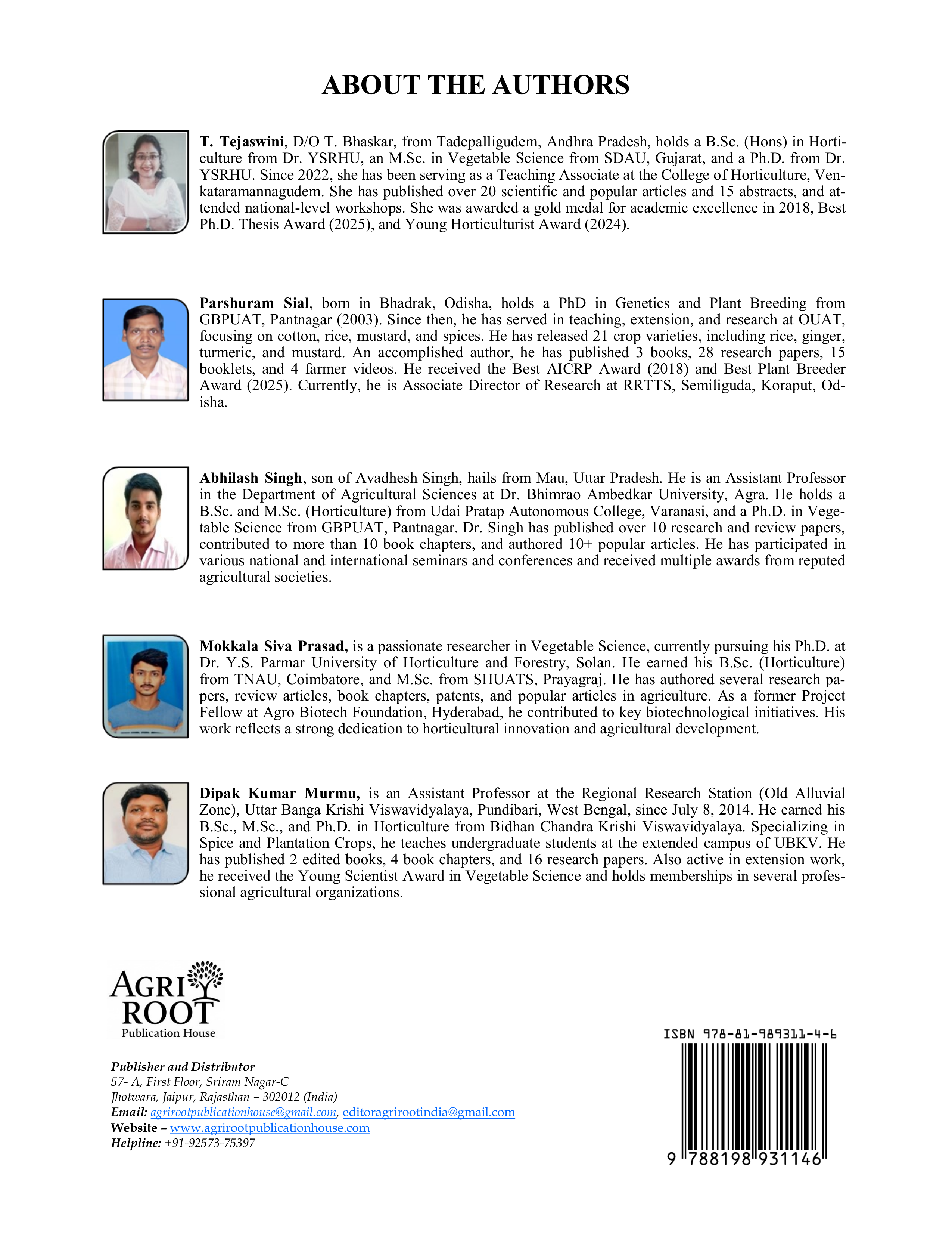 Back cover: Production Technology of Vegetables and Spices (As Per ICAR 6th Deans’ Committee Report)
